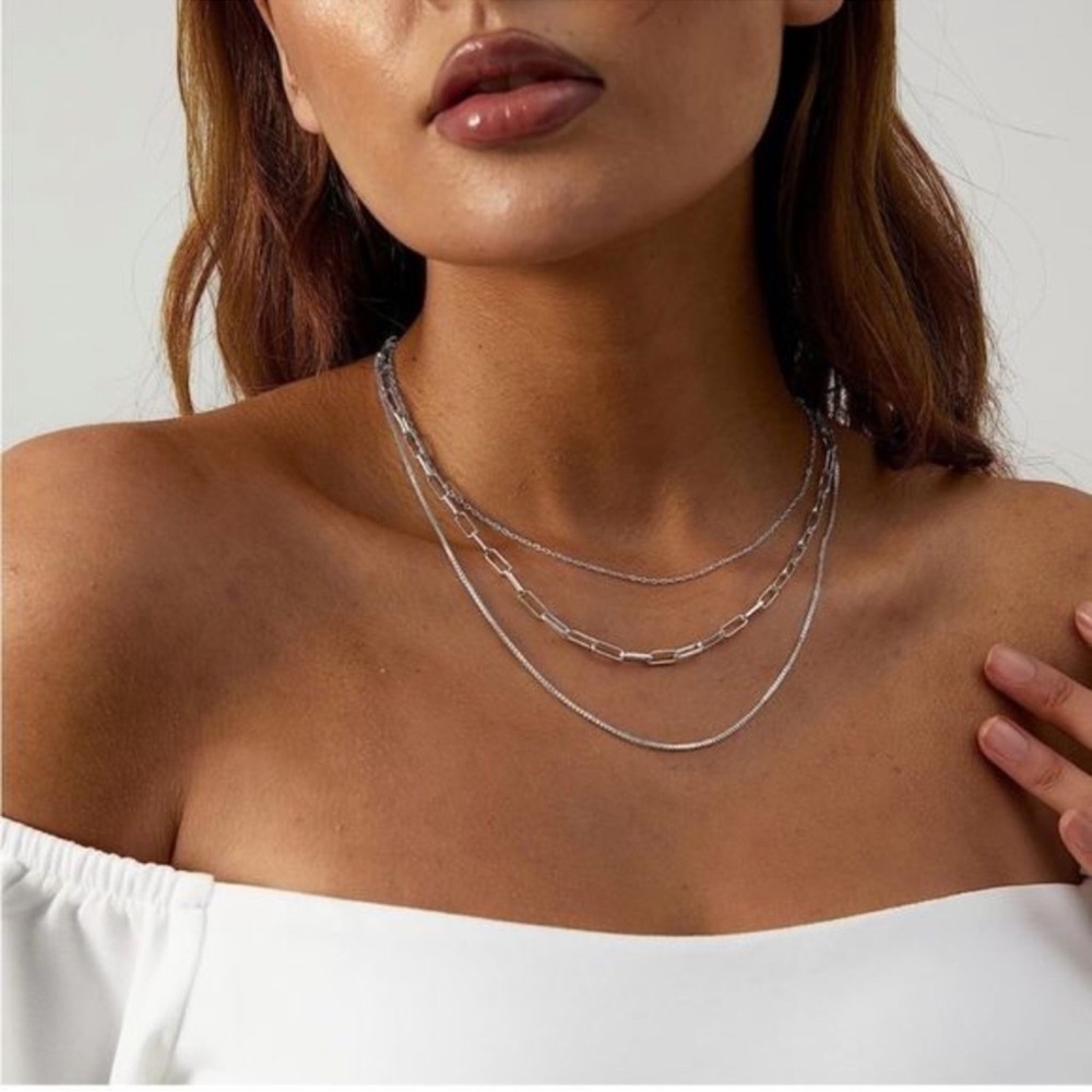 14k Silver Plated 3pc Paperclip Necklace Set